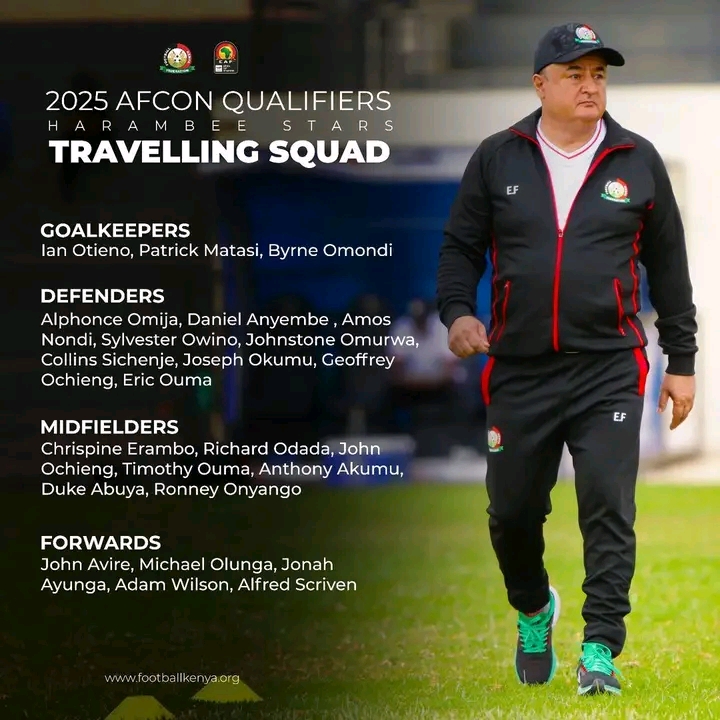 The Harambee Stars traveling squad to face Cameroon in Kampala