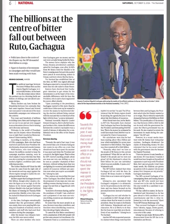 Newspaper: The Billions At The Center Of Bitter Fall Out Between Ruto, Gachagua