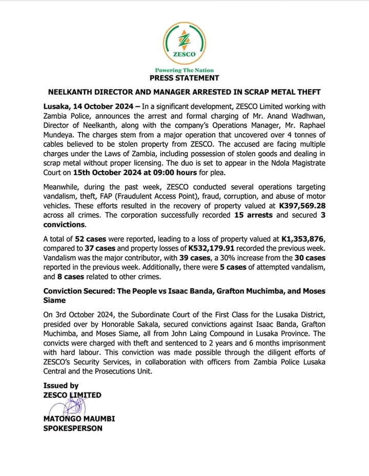 Press release from ZESCO