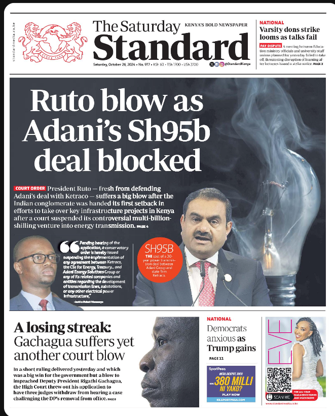 Today’s Newspaper: Ruto Blow As Adani’s Sh95B Deal Blocked