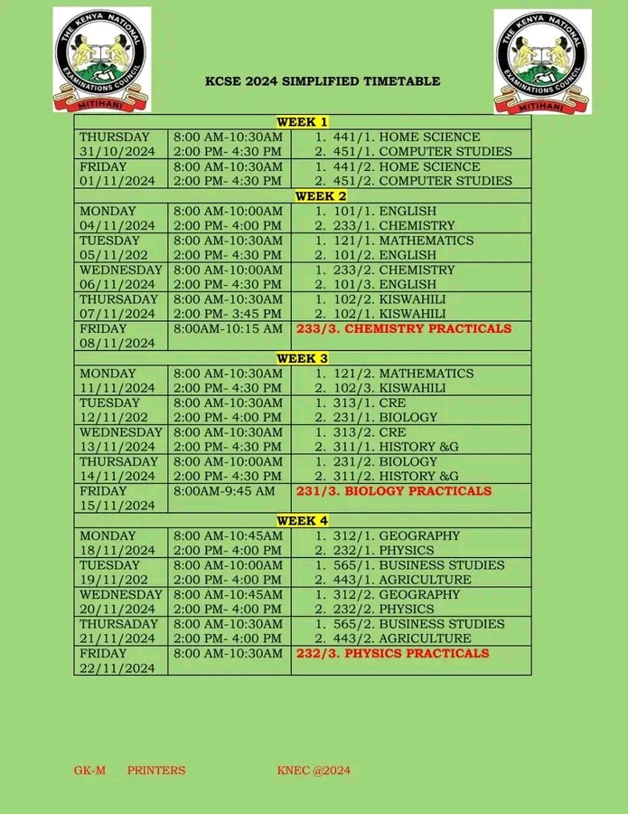 KCSE timetable 